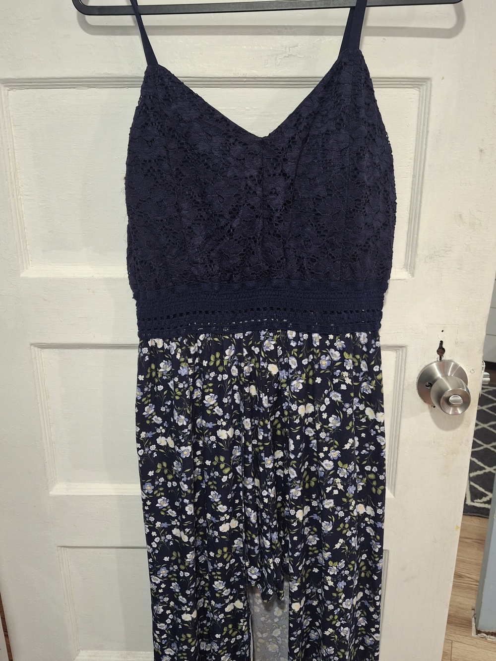 Navy Floral Lace Maxi Dress with Spaghetti Straps And Shorts Under